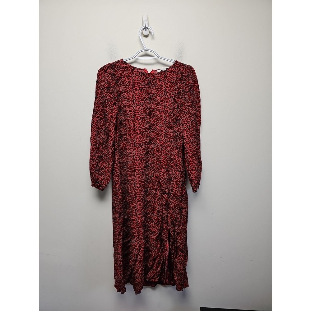 LOFT Women's Dress Size Petite 6 Red Leopard Print Slit Midi Shift